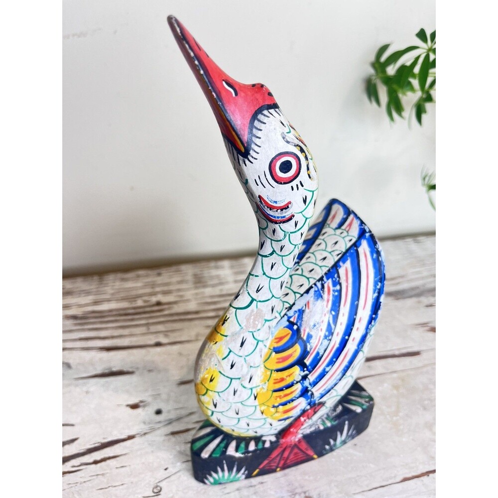 Vintage Hand Painted Hand Carved Ornate Wooden Folk Art Duck Crane Figurine 9.5”